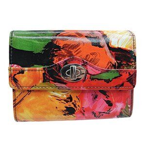 Safe Keeper Tri-fold Faux Wallet Pink Green Yellow Floral Details Black Interior